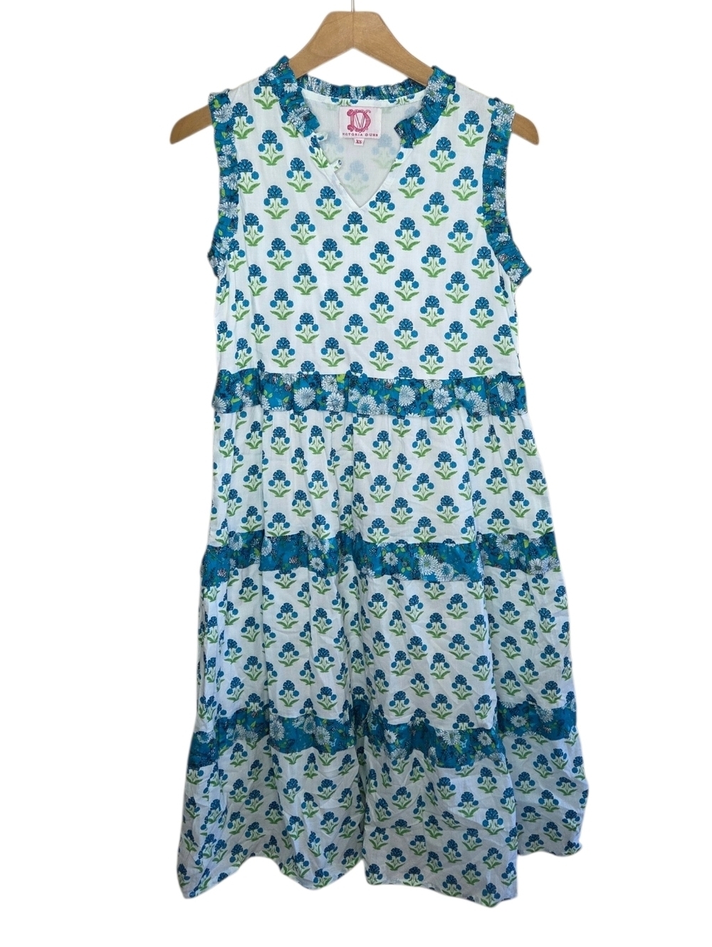 Victoria Dunn Green Blue White Floral Block Print Midi Dress Size XS 100% Cotton